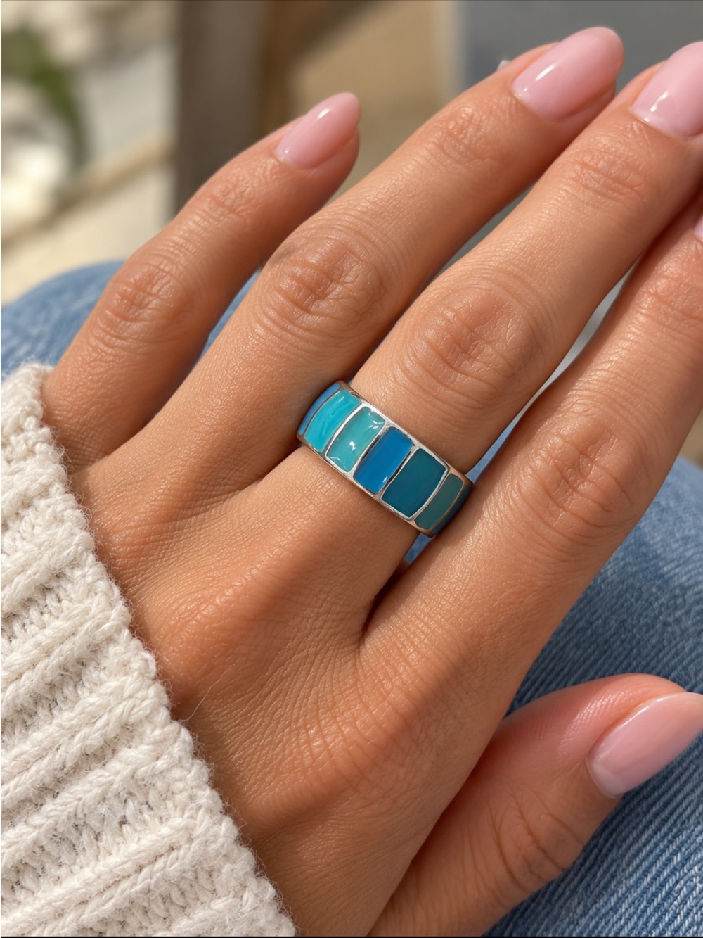 Blue Turquoise Inlay Sterling Band Ring - Women's Silver Ring